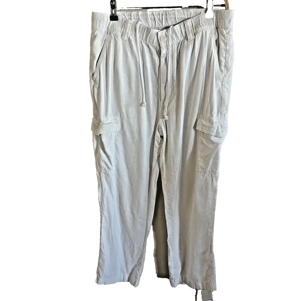 Roundtree & Yorke Pants Men 36x29 White Linen Blend Casuals Cargo Straight Resor